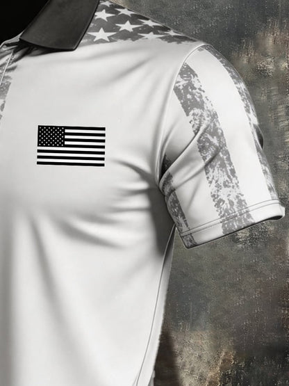 Men's Retro Patriotic Color-Block Short-Sleeve Polo Shirt