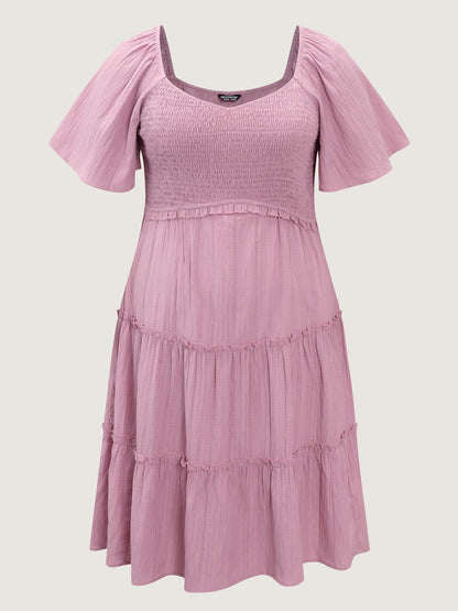 Shirred Bodice Flared Sleeve Pockets Mini Dress