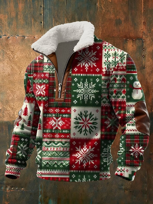 Men's Christmas Art Design Printed Plush Stand Collar Sweatshirt