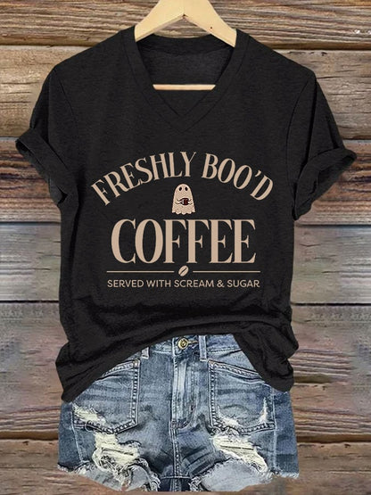 🔥HOT SALE🔥V-Neck Retro Halloween Ghost Freshly Boo'd Coffee Served With Scream & Sugar Print T-Shirt