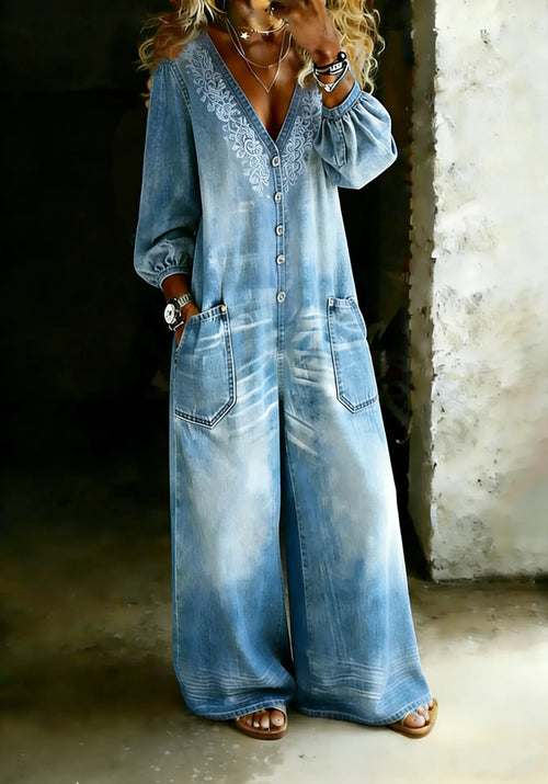 Women's Retro Button V-neck Floral Wide-leg Denim Jumpsuit With Pockets