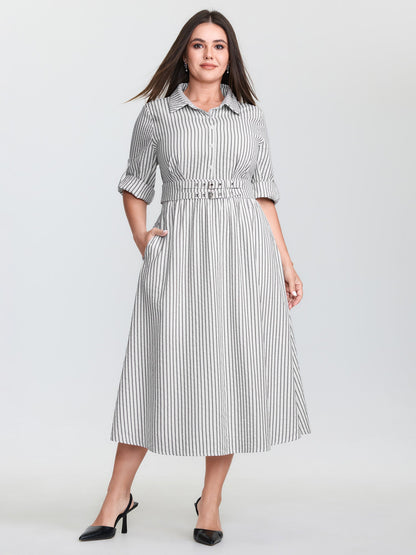 Striped Tab Sleeve Double Belt Midi Shirt Dress