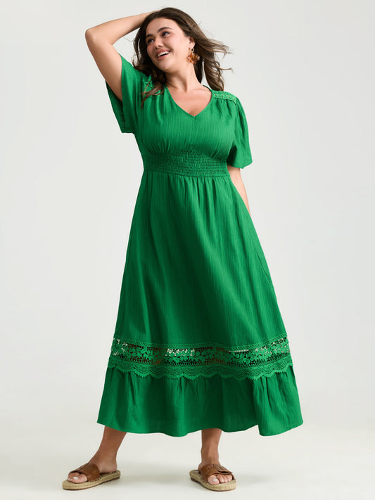 Lace Cut-Out Shirred Solid Maxi Dress