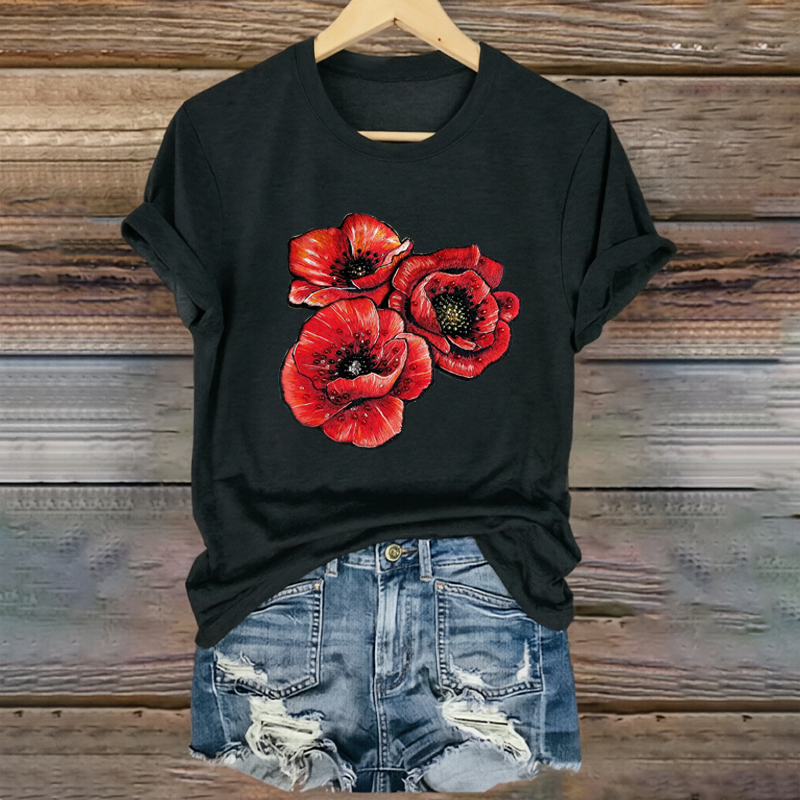 Women's "Red Friday" Poppy Print Crew Neck T-Shirt