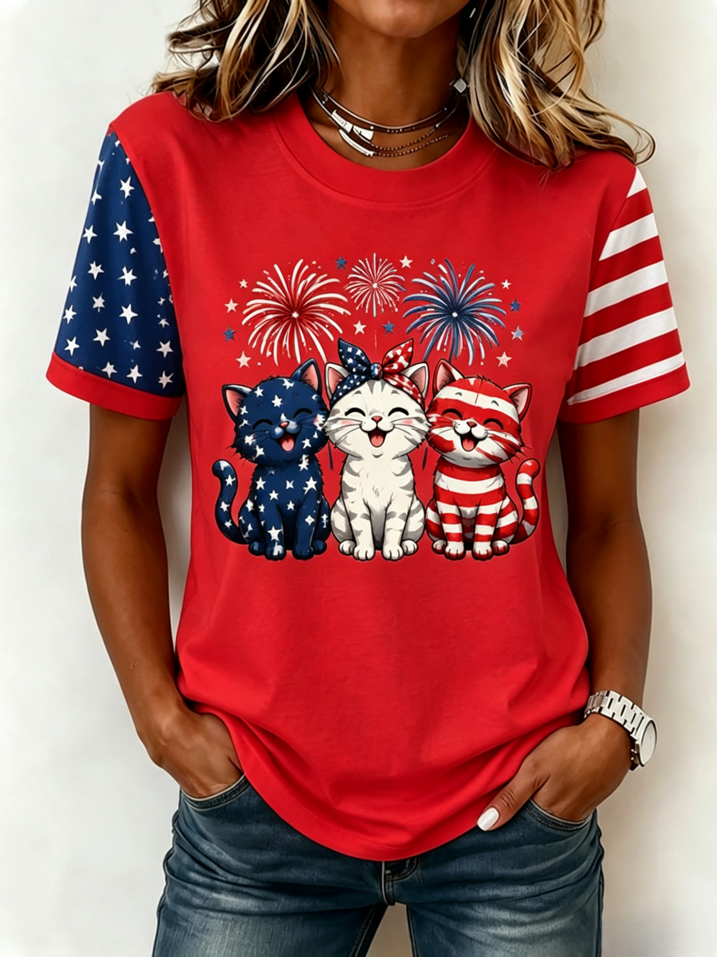 Women's American 250 Flag Kittens Printed Casual T-shirt