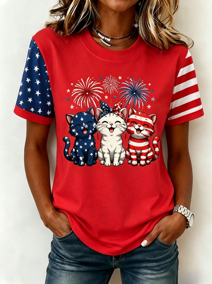 Women's American 250 Flag Kittens Printed Casual T-shirt
