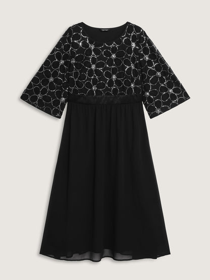 Sequin Floral Tulle Shirred Waist Midi Dress