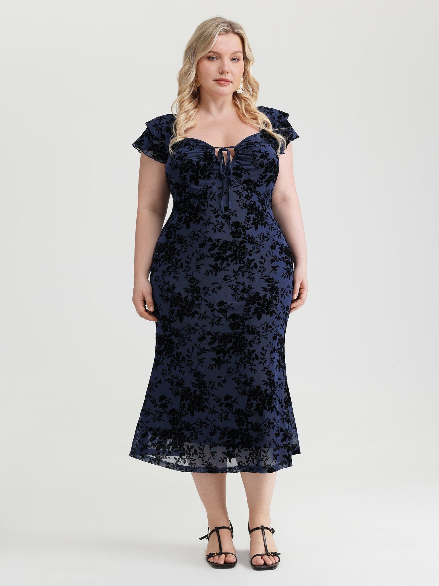 Floral Flocked Mesh Ruched Drawstring Midi Dress