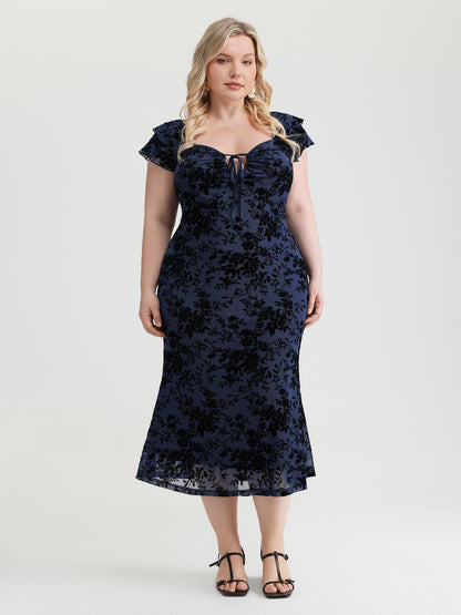 Floral Flocked Mesh Ruched Drawstring Midi Dress