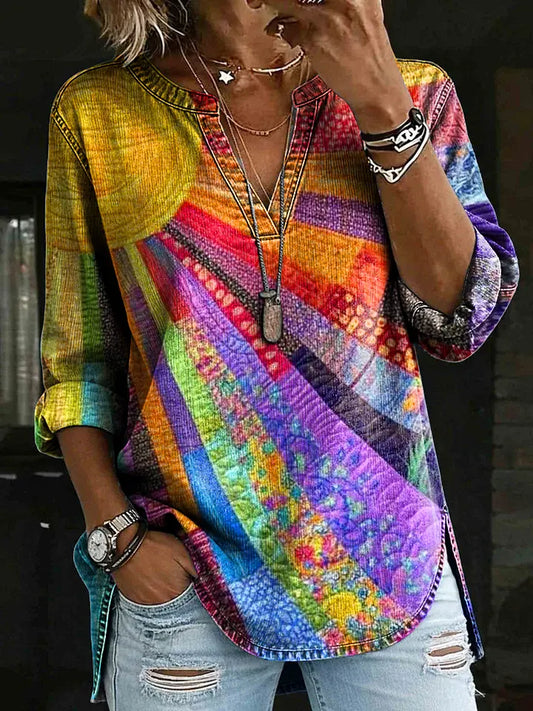 Women's Vintage Multicolor Sun Floral Art Print Casual V-neck Washed Cotton Denim Shirt