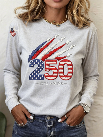 American Women 250th Anniversary Embroidered Print Round-neck Long-sleeved T-Shirt