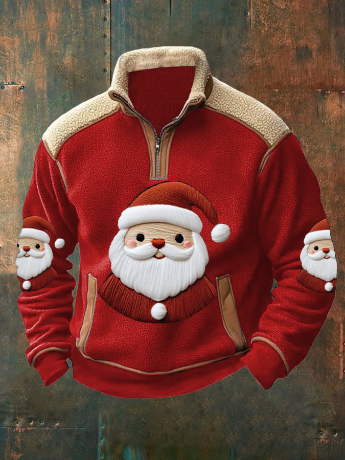 Men's Christmas Santa Plush Colorblock Zip Pullover