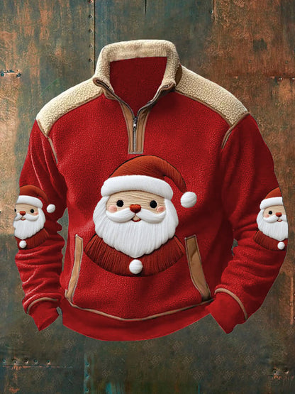 Men's Christmas Santa Plush Colorblock Zip Pullover