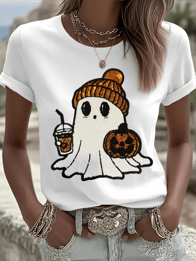Women's Halloween Ghost Print Crew Neck T-Shirt