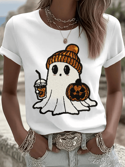 Women's Halloween Ghost Print Crew Neck T-Shirt