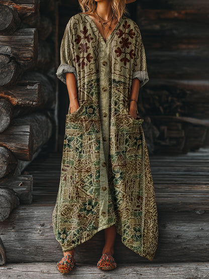 Women's Vintage Ethnic Tattoo Pattern Art Print Pocket V-Neck Cotton Dress