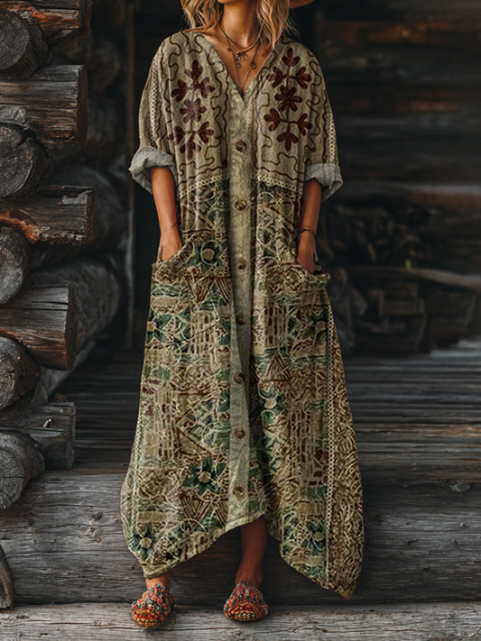 Women's Vintage Ethnic Tattoo Pattern Art Print Pocket V-Neck Cotton Dress