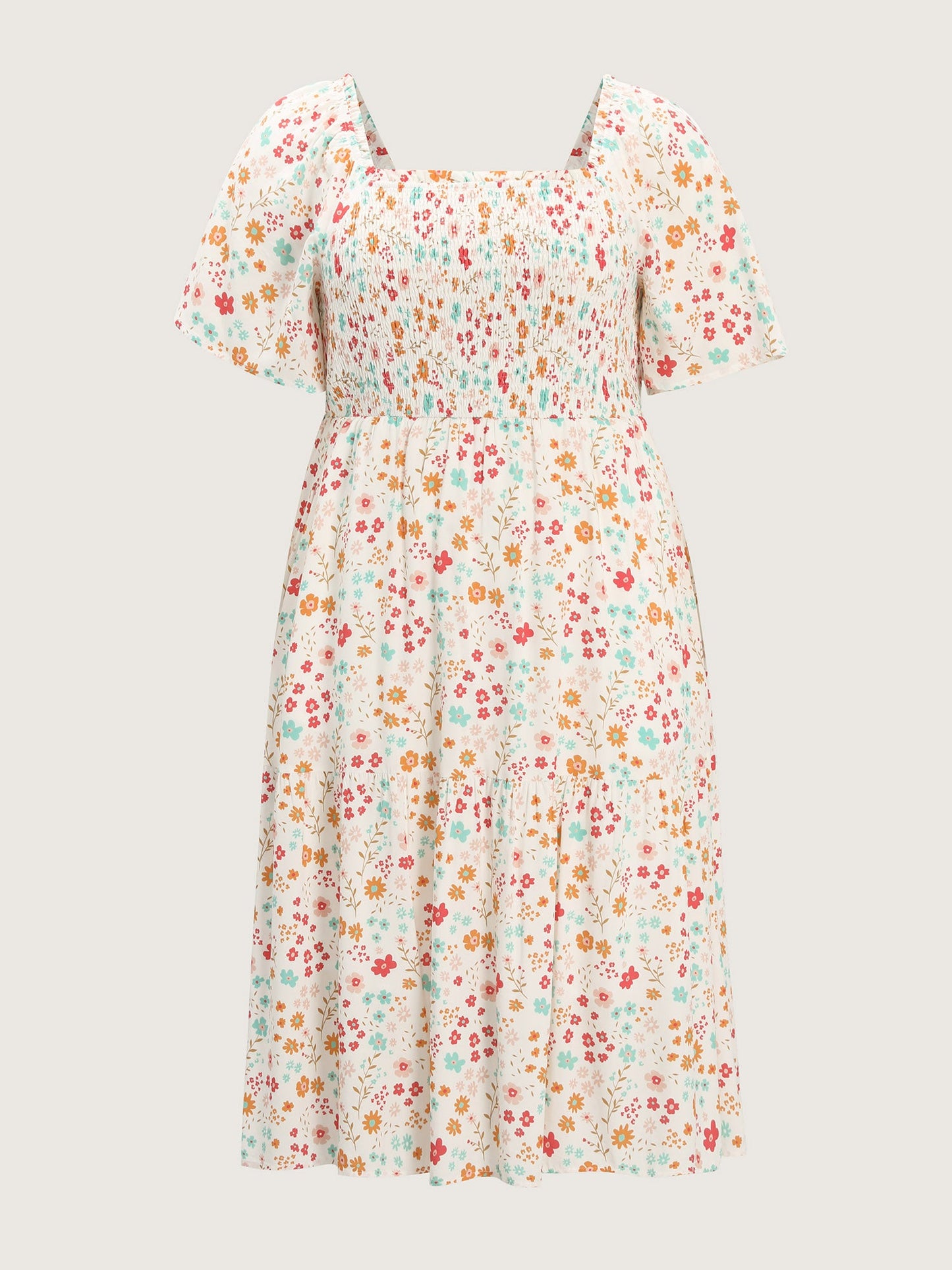 Sweet Floral Print Shirred Square Neckline Midi Dress