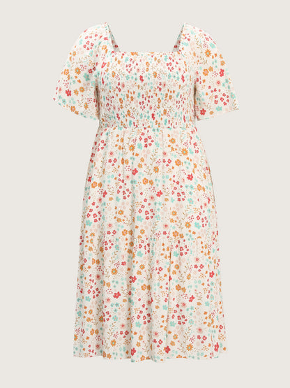 Sweet Floral Print Shirred Square Neckline Midi Dress