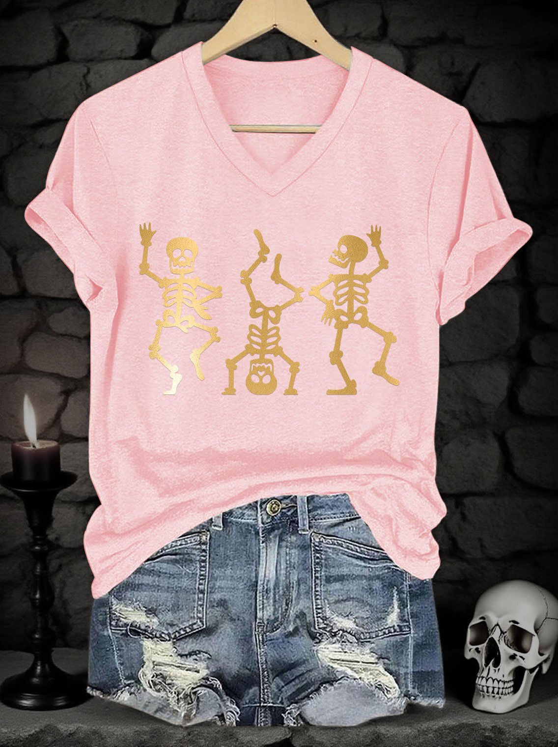 Women's Halloween Skull Gold Metal Print V-Neck Short Sleeve T-Shirt