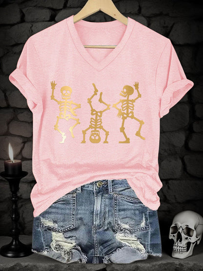 Women's Halloween Skull Gold Metal Print V-Neck Short Sleeve T-Shirt