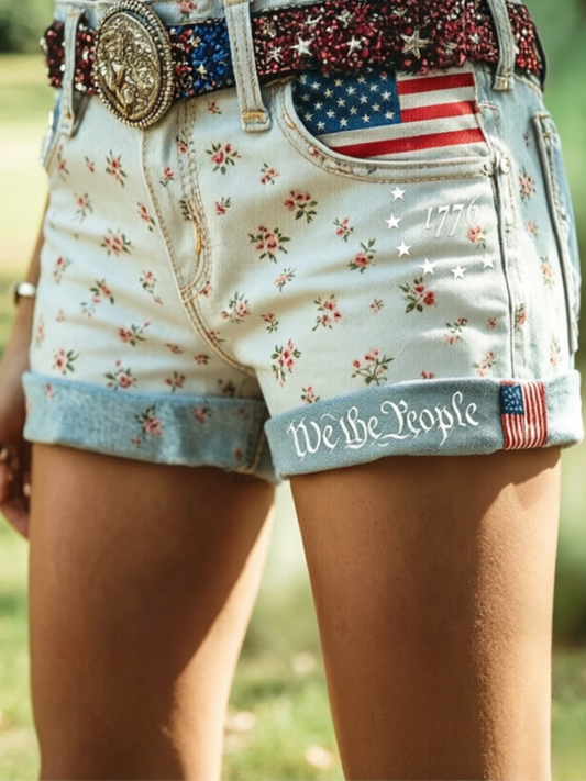 🔥Buy 3 Get 10% Off🔥Women's 250th Anniversary Flower Casual Printed Shorts