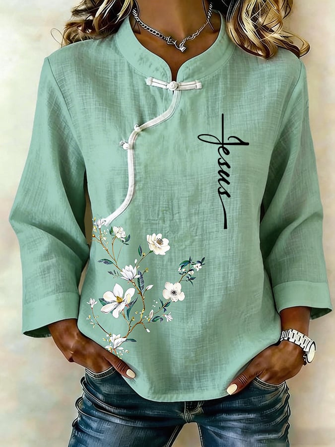 Women's Faith Cotton And Linen Floral Print Shirt