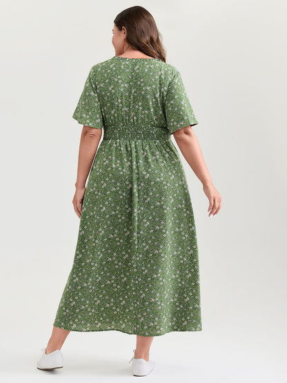 Floral Print Shirred Pockets Midi Dress