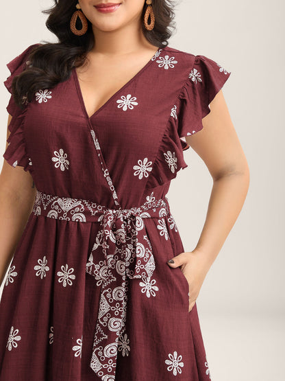 Rayon Stretchy Waist Pockets Flutter Maxi Dress