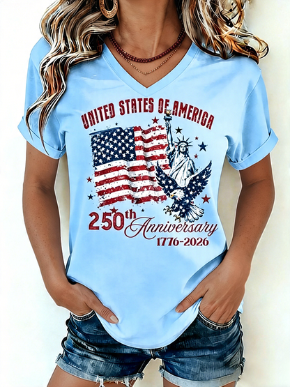 🔥Buy 3 Get 10% Off🔥Women's 1776-2026 Statue of Liberty Anniversary Eagle Print V-neck T-shirt