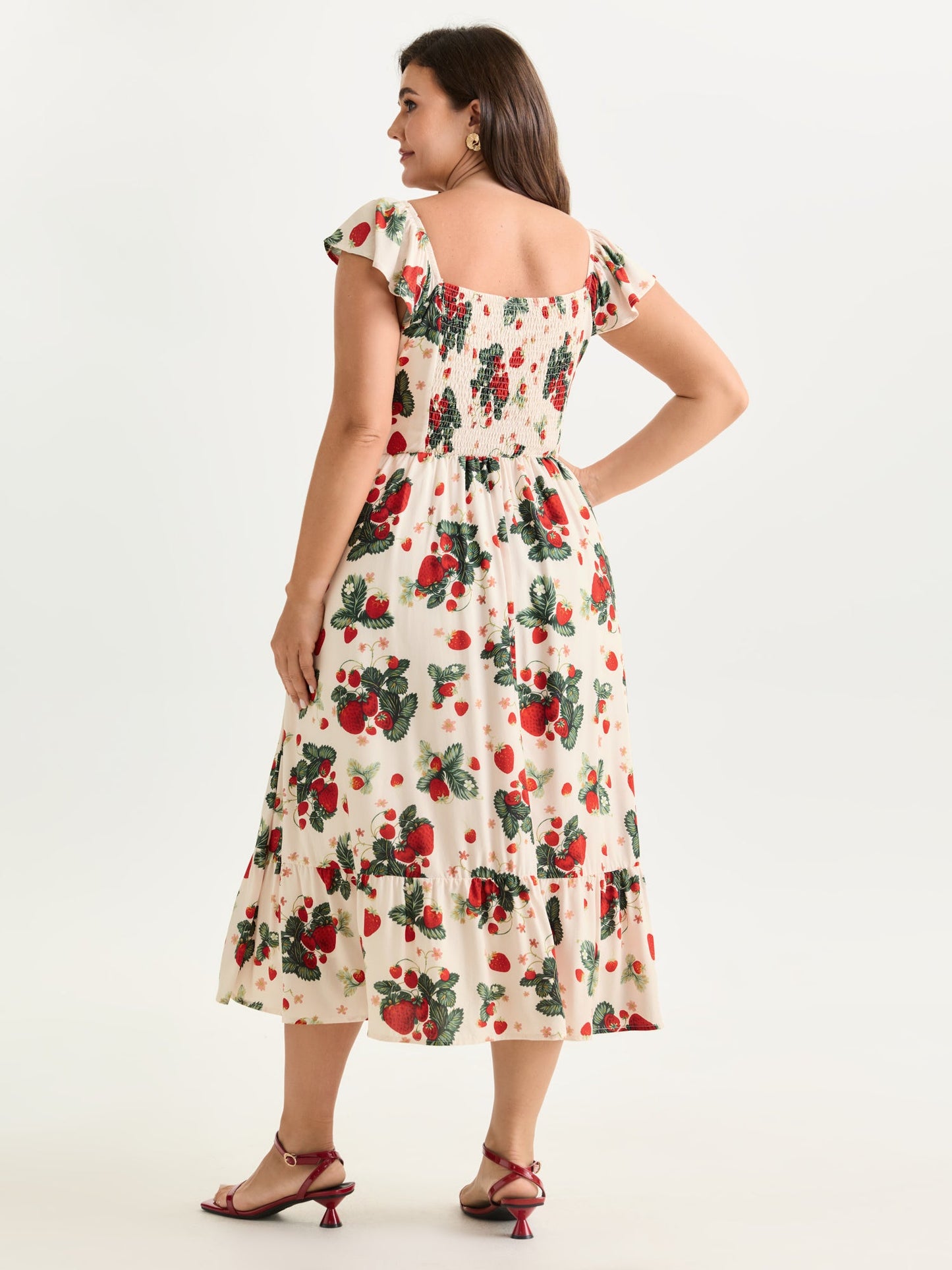 Strawberry Print Ruched Adjustable Bodice Midi Dress
