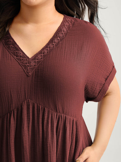 Pure Cotton Lace V-Neck Solid Mini Dress