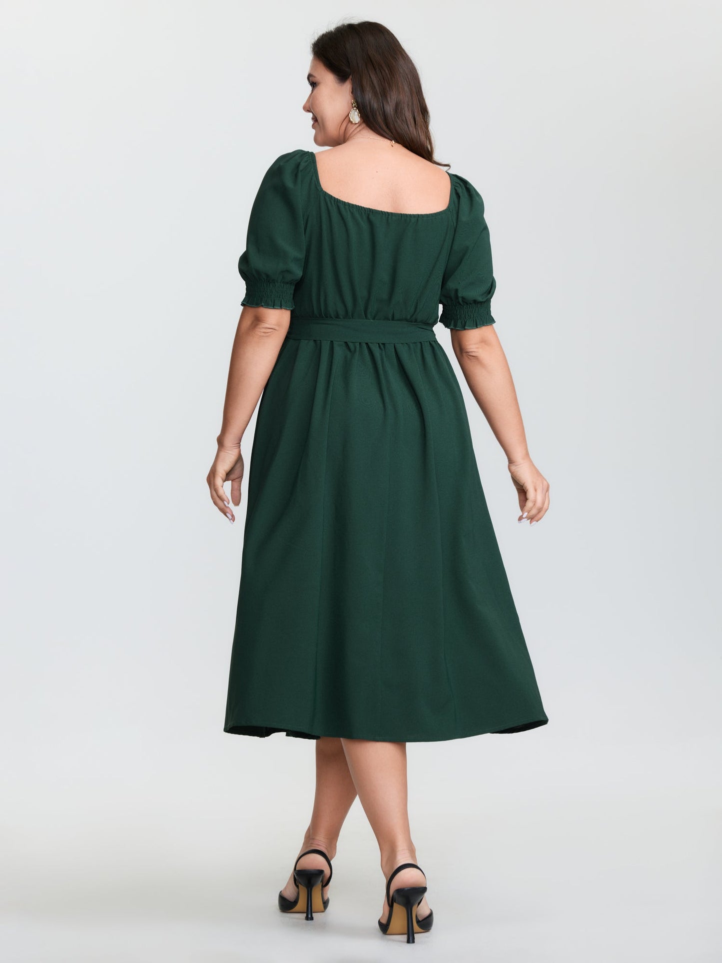 Plicated Detail Sweetheart Neck Pockets Belted Midi Dress