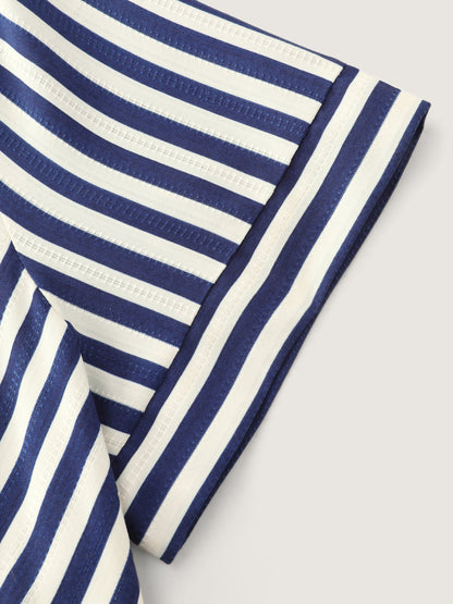 Striped Print Shirred Button Detail Midi Dress