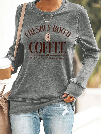 🔥HOT SALE🔥Retro Halloween Ghost Freshly Boo'd Coffee Served With Scream & Sugar Print Sweatshirt