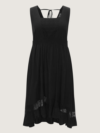 Lace Shirred Waist High Low Hem Midi Dress