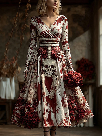 Women's Retro Gothic Skull Pattern Printed Long Sleeve Dress