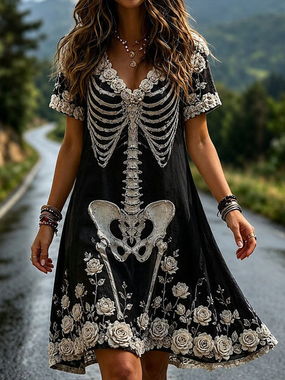 Women's Gothic Style Skull And Rose Cotton Linen Dress