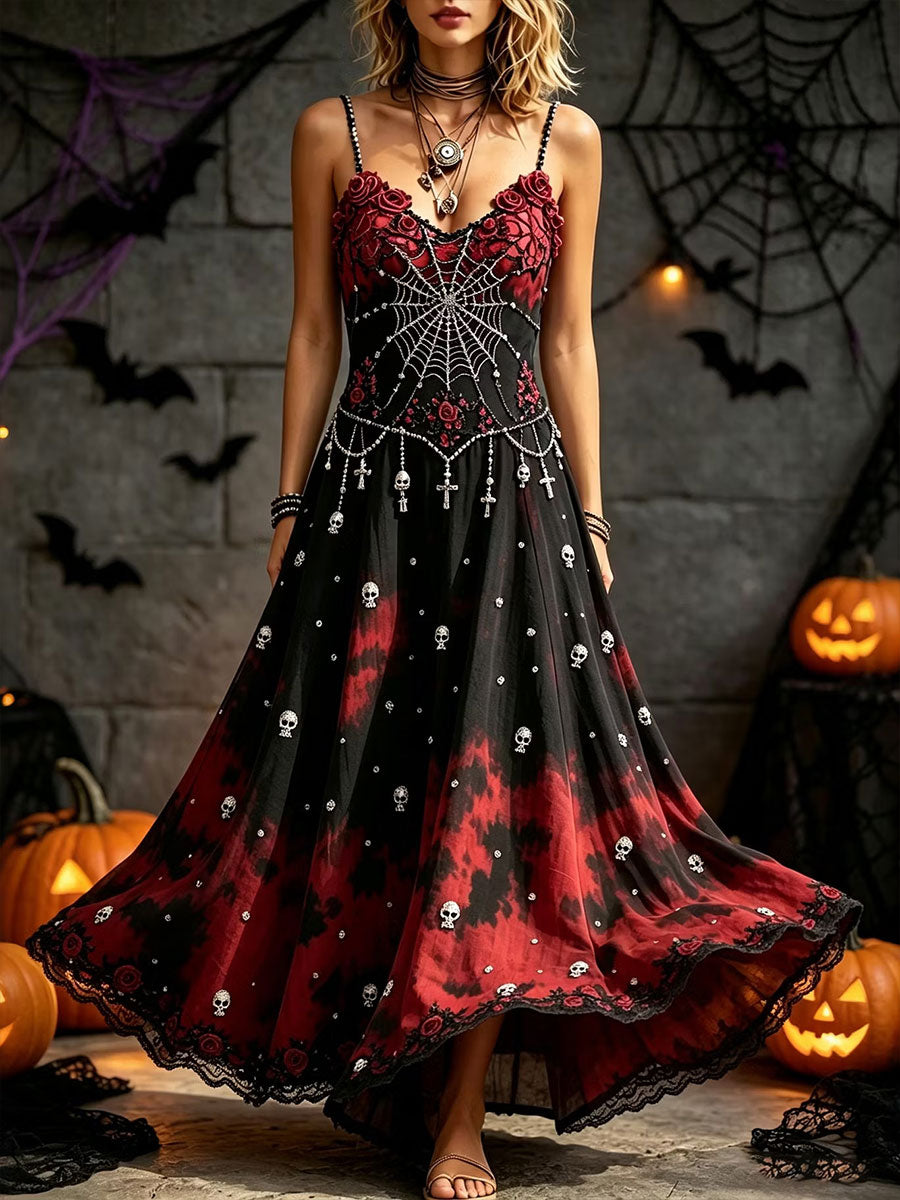 Women's Gothic Style Skull And Rose Maxi Dress