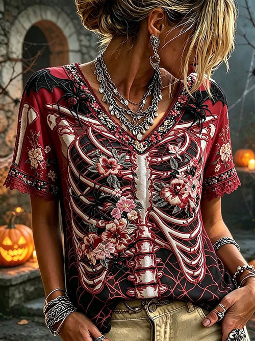 Women's Gothic Skull Rose Floral Cotton Linen Shirt