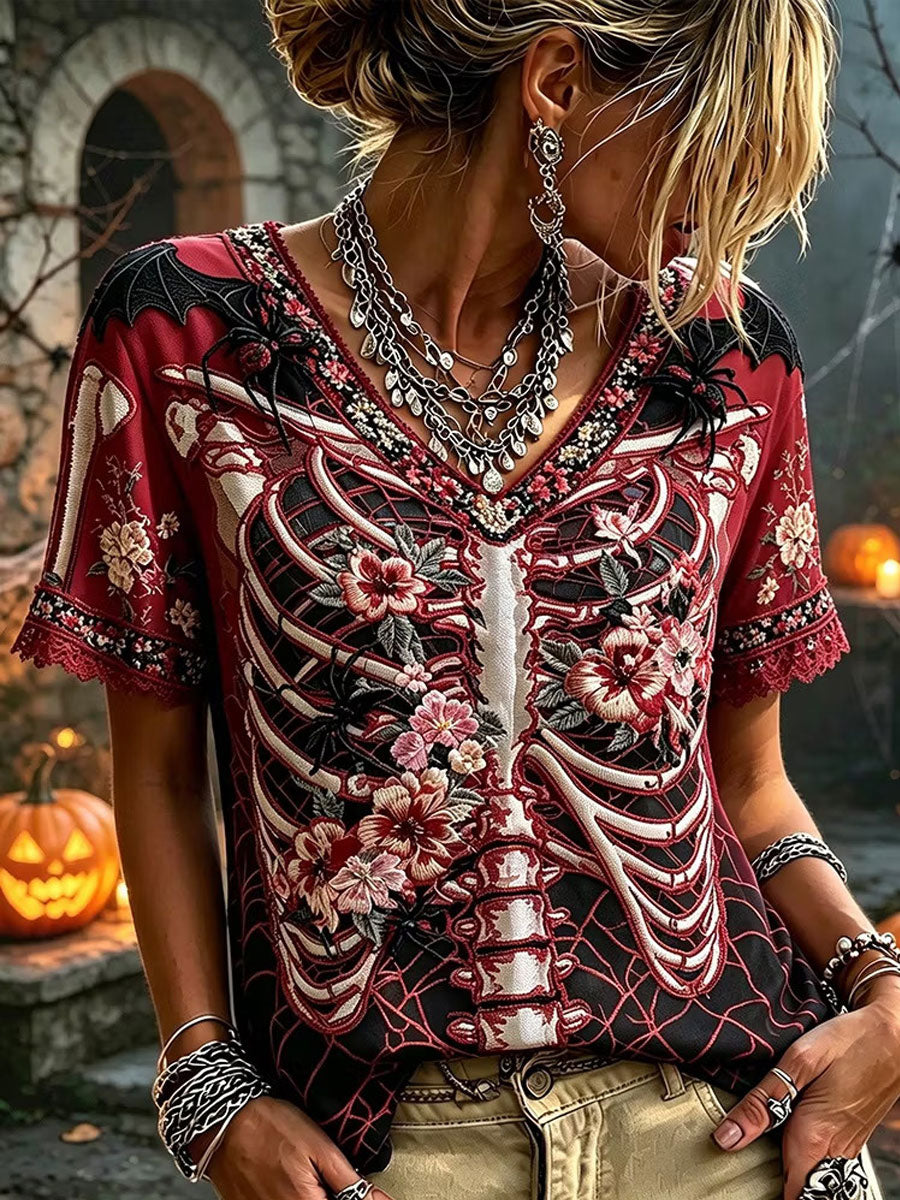Women's Gothic Skull Rose Floral Cotton Linen Shirt