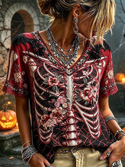 Women's Gothic Skull Rose Floral Cotton Linen Shirt