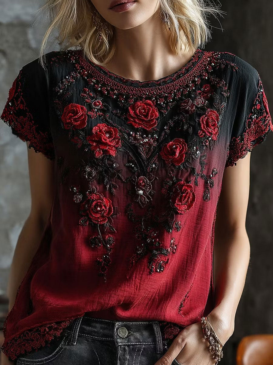 Women's Gothic Rose Floral Cotton Linen Shirt
