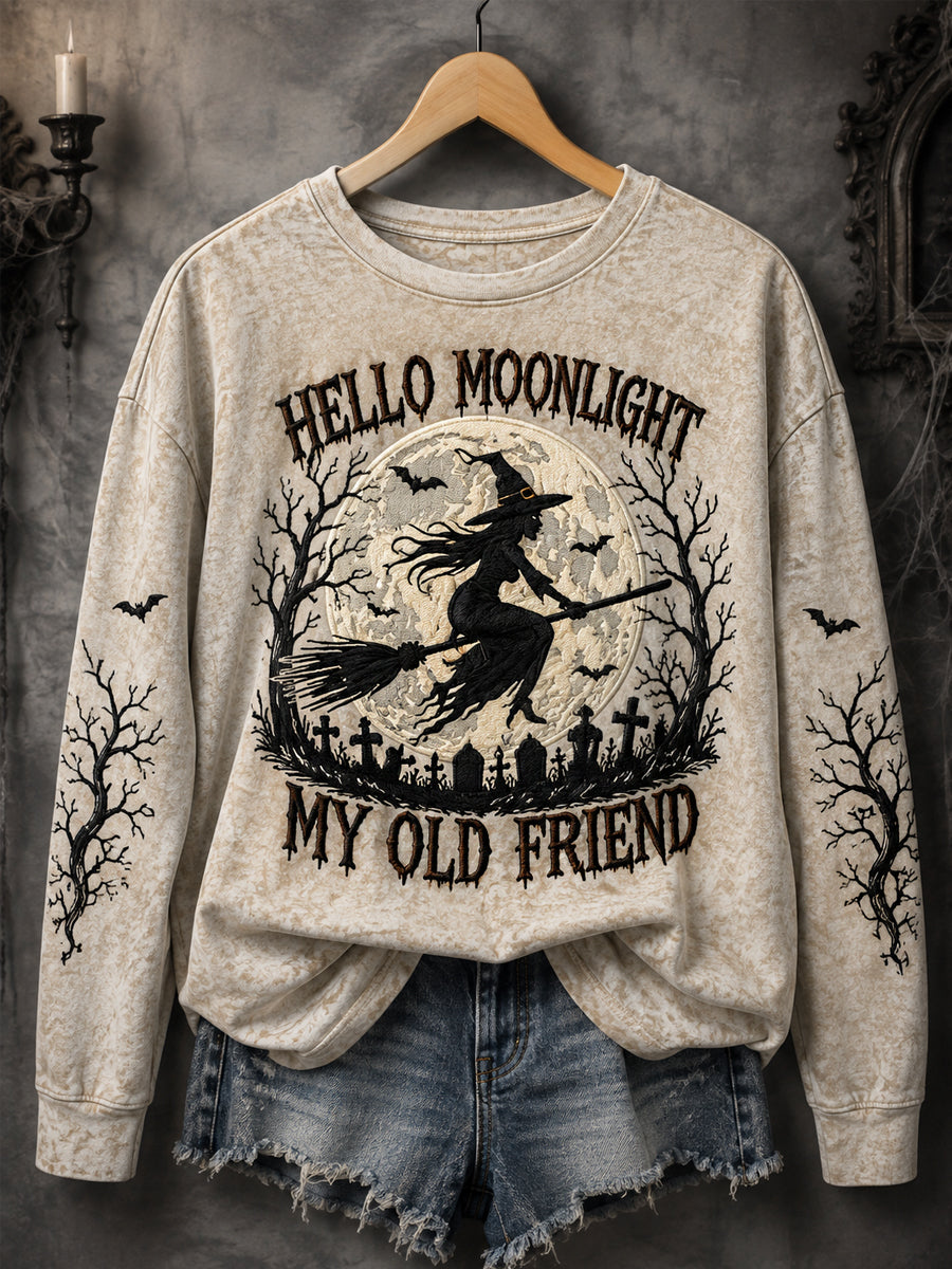 Women's Funny Halloween Witch Hello Darkness My Old Friend Print Casual Sweatshirt