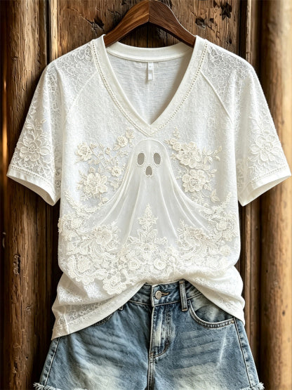 Women's Halloween Classy Ghost Floral Art Gothic Print short-sleeved T-shirt