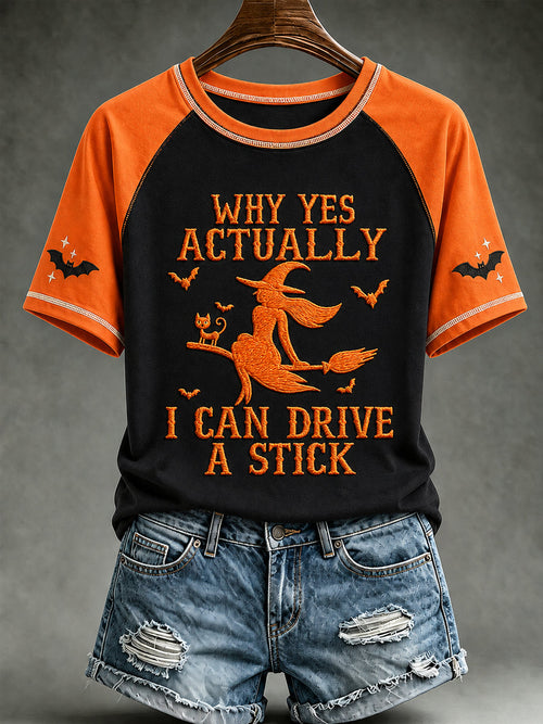 Women's Halloween Witch Black Cat Bat I Can Drive A Stick Print Short-sleeve T-shirt