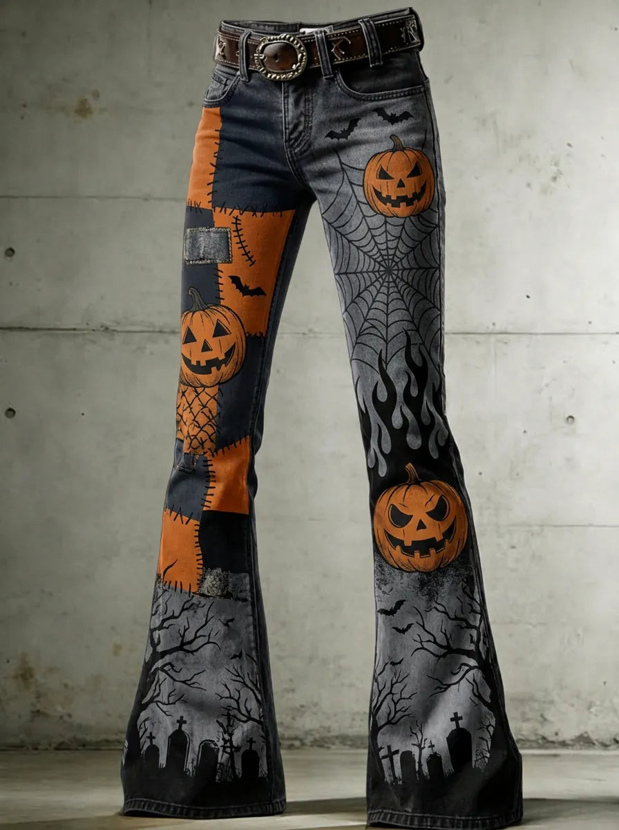 Women's Halloween Pumpkin Spiderweb Graveyard Printed Flare Jeans