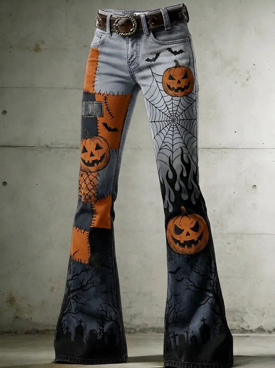 Women's Halloween Pumpkin Spiderweb Graveyard Printed Flare Jeans