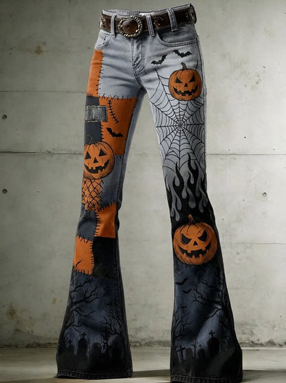 Women's Halloween Pumpkin Spiderweb Graveyard Printed Flare Jeans