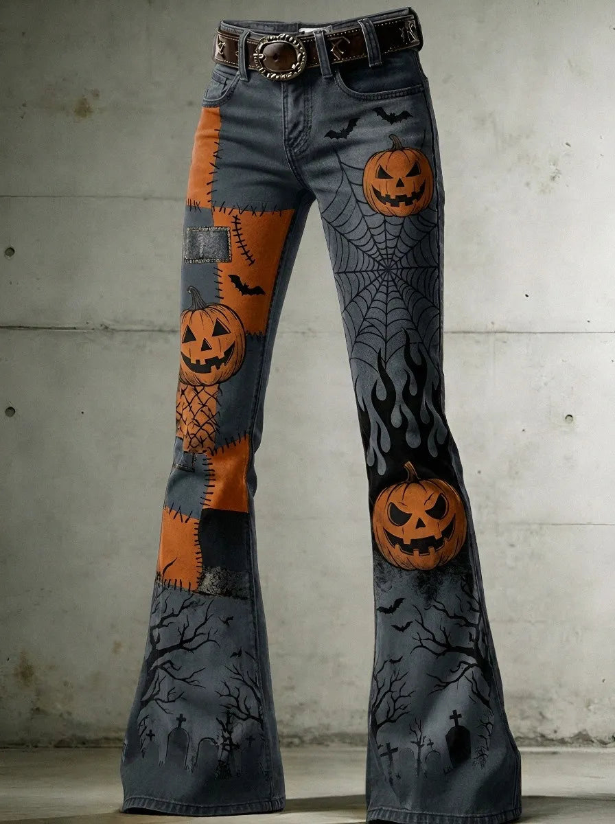 Women's Halloween Pumpkin Spiderweb Graveyard Printed Flare Jeans